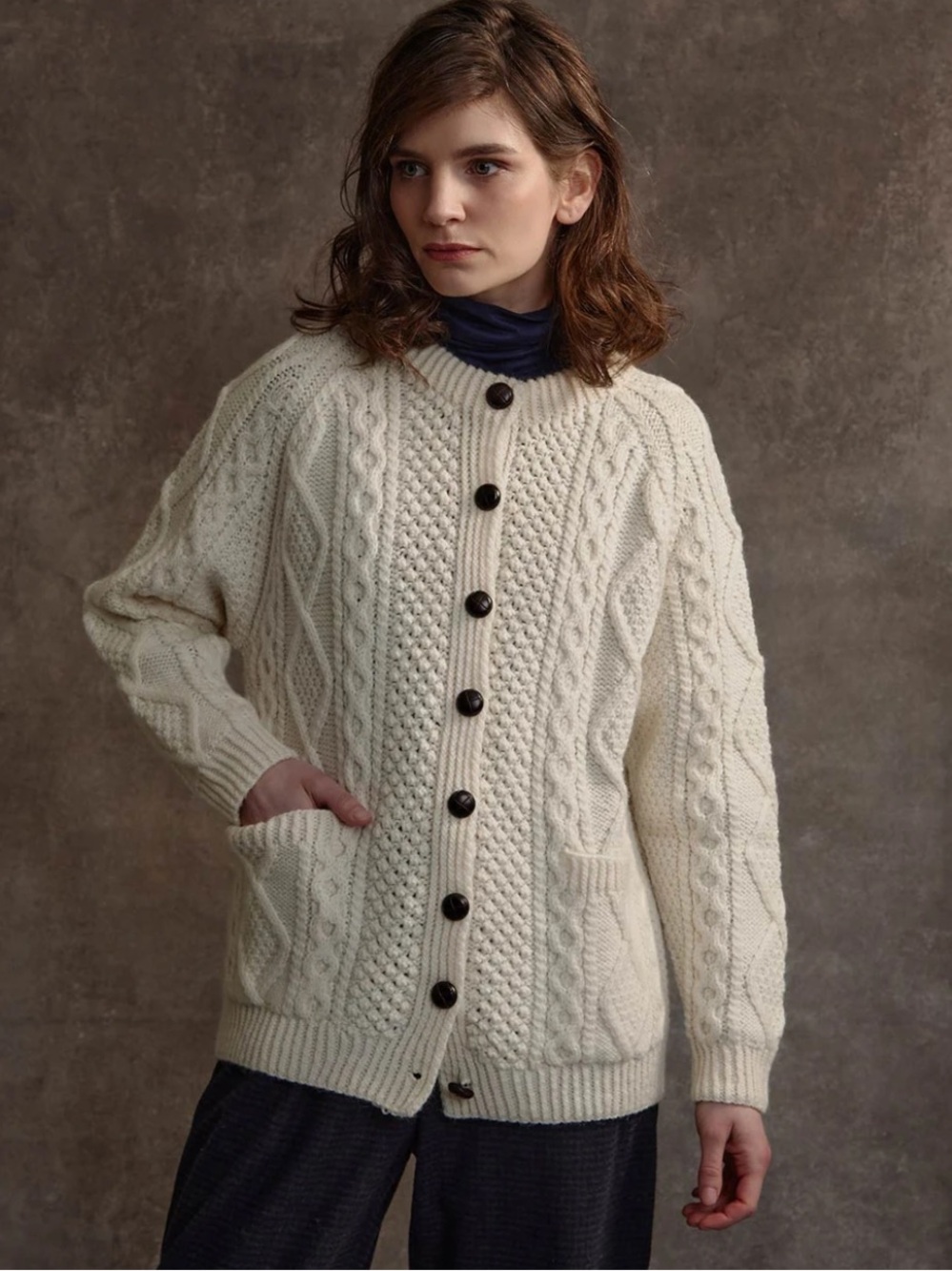 Athena Aran Crafts Merino Wool Honeycomb Chevron Sweater Cardigan Natural NEW 44 - Picture 2 of 5